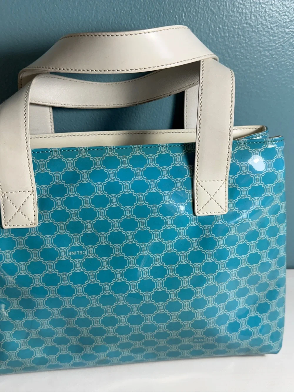 Authentic Vintage Celine Macadam Triomphe Bag Teal Coated Canvas & White Leather